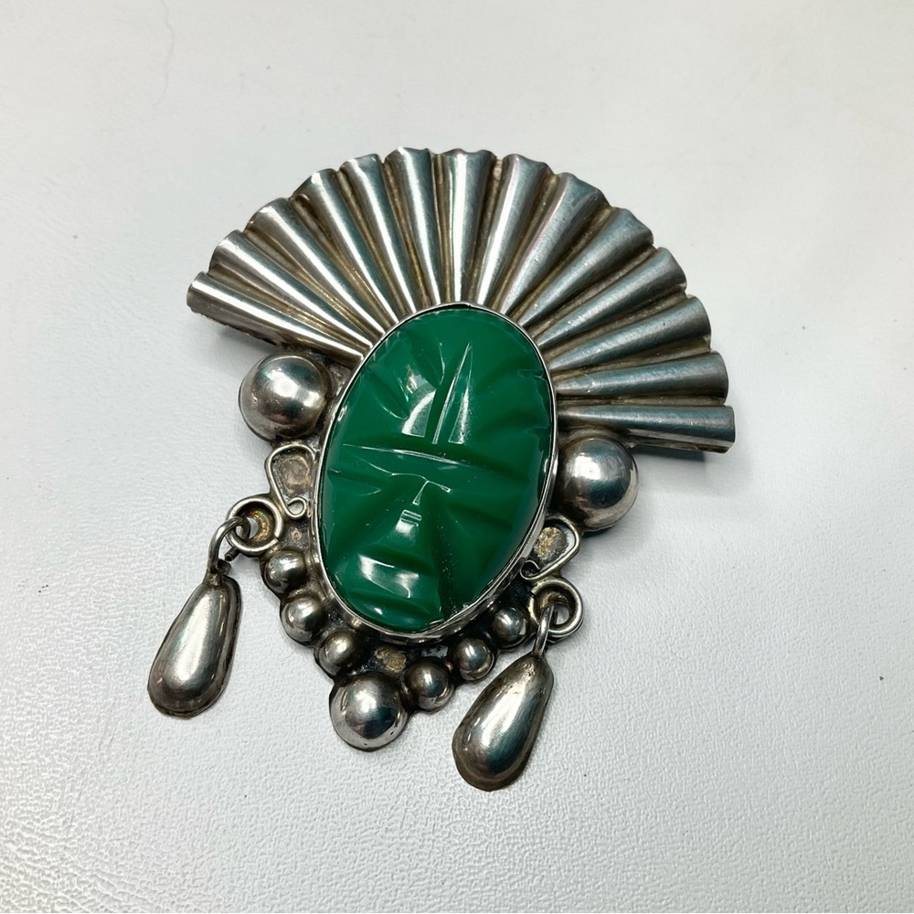 Vtg Mexican Sterling Green Onyx Mayan Warrior Large Brooch Pin